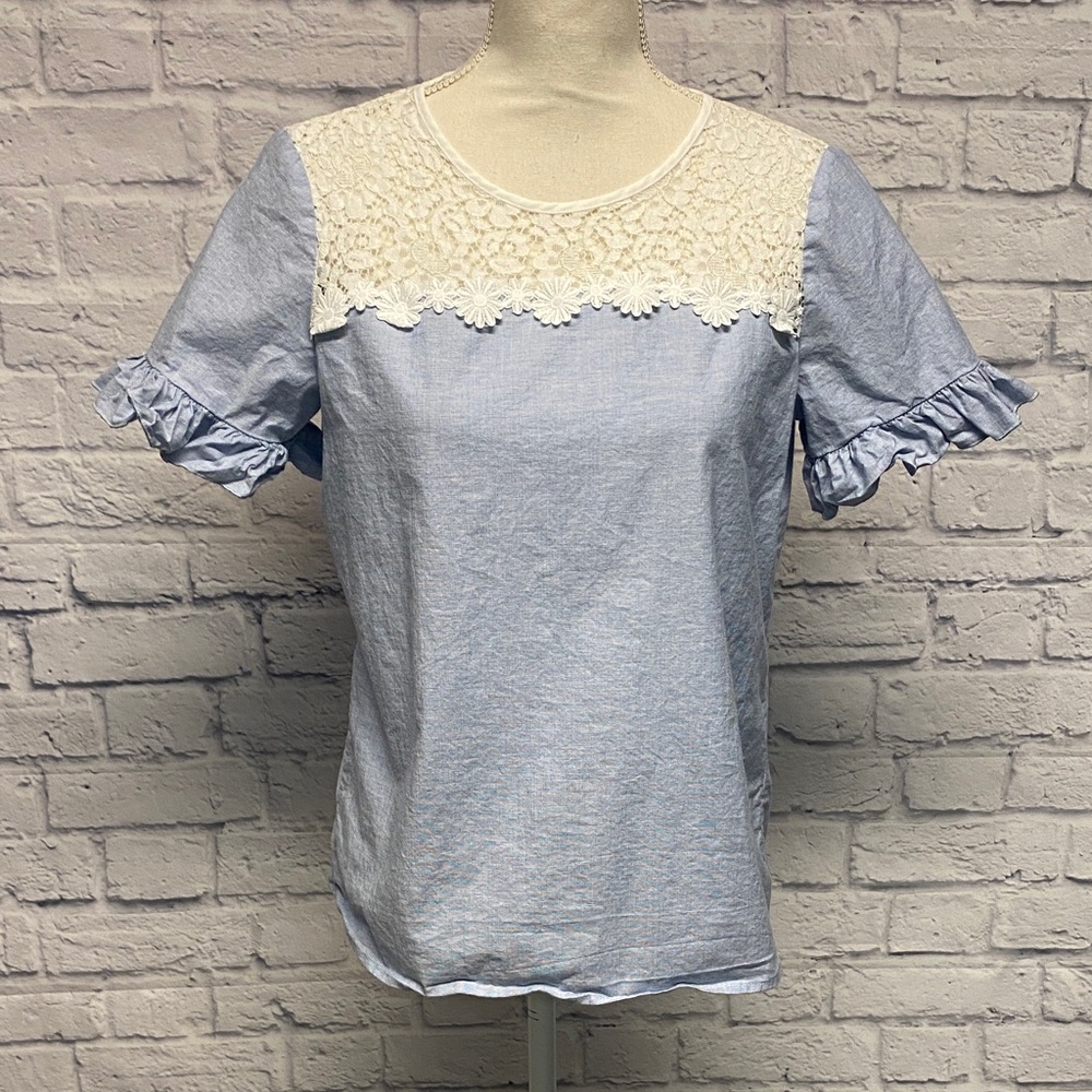 Karl Lagerfeld Light Blue Top with Cream Lace Yoke Size Small